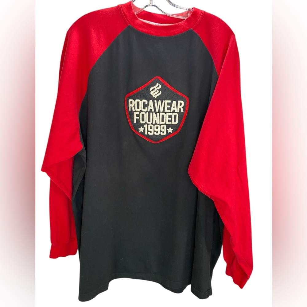 vintage Rocawear long-sleeve T-shirt in black and red, 2XL, decal on left arm